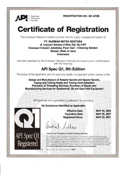 Certificate of Registration — API Spec Q1, 9th Edition issued to PT Nurman Mitra Sentosa; complete original document image