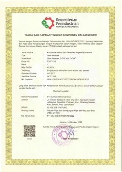 Tanda Sah Capaian Tingkat Komponen Dalam Negeri — Liner Adapter issued to PT Nurman Mitra Sentosa; complete original document image